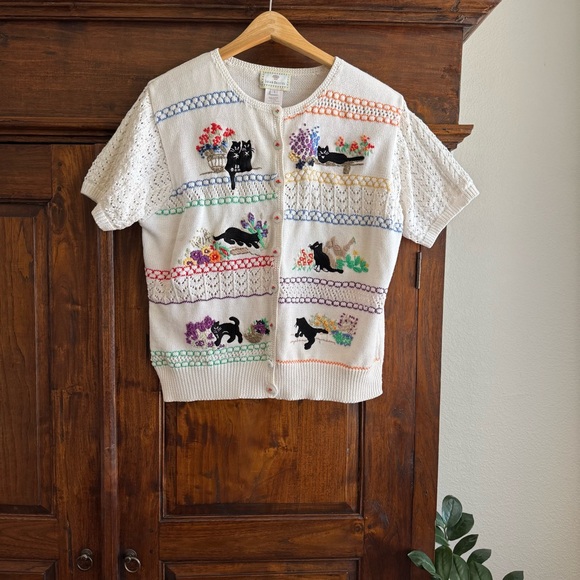 Susan Bristol Sweaters - Vintage Susan Bristol Hand Embroidered Black Cat Cardigan Sweater 1997